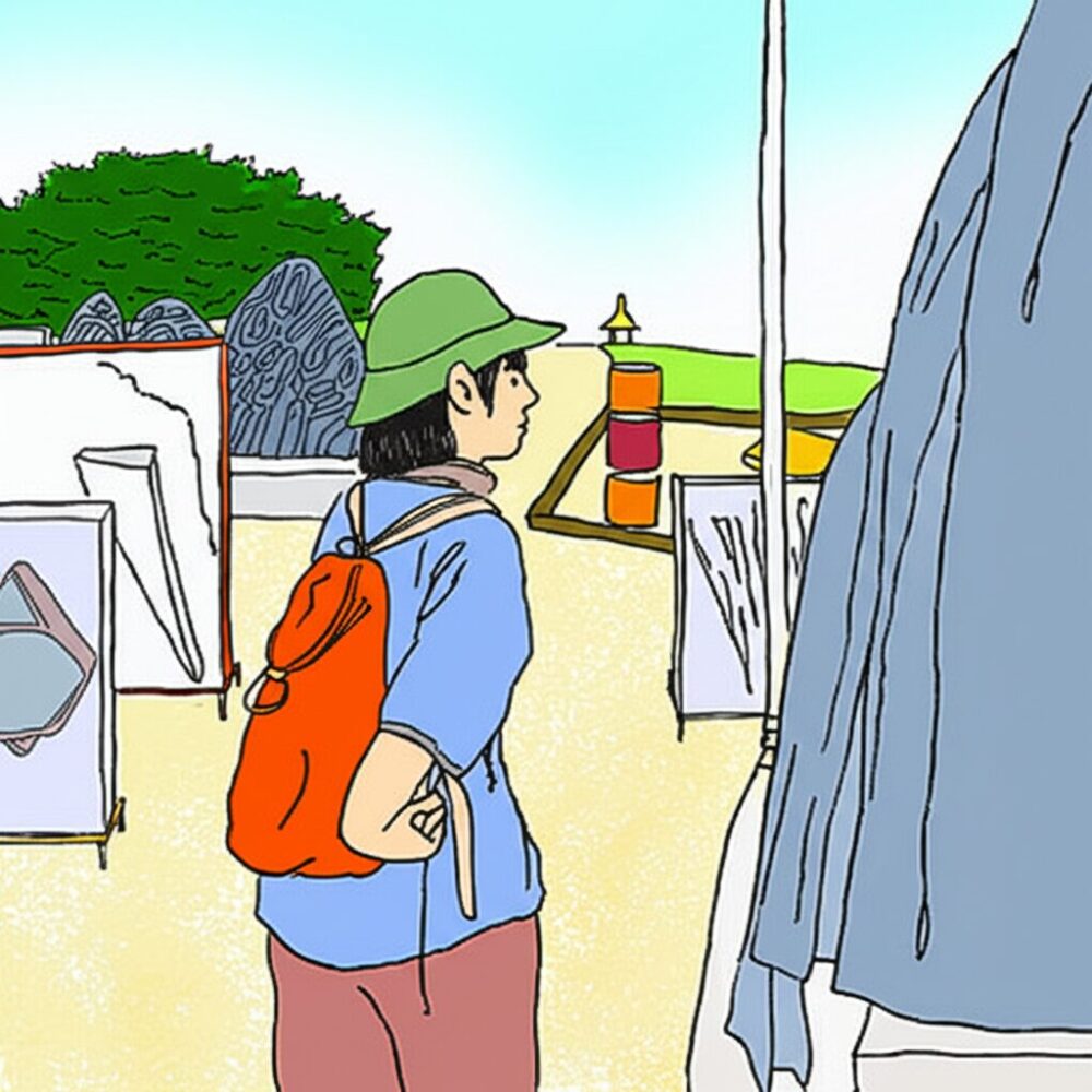 リュックサックを背負った人が絵を見ている