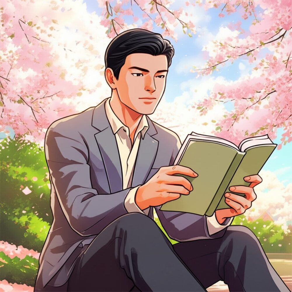 桜の木の下で本を読む男性