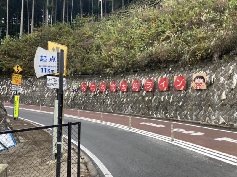 道路沿いの壁に飾られた金太郎ラインの看板