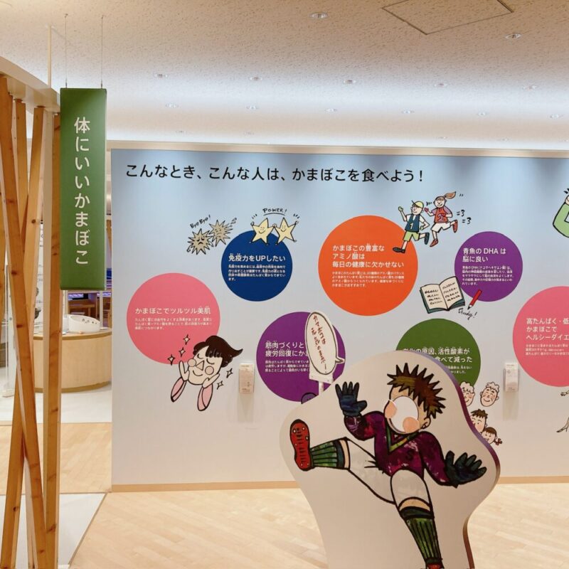 かまぼこの様々な健康効果をカラフルなイラストとキャラクターで解説する壁面展示