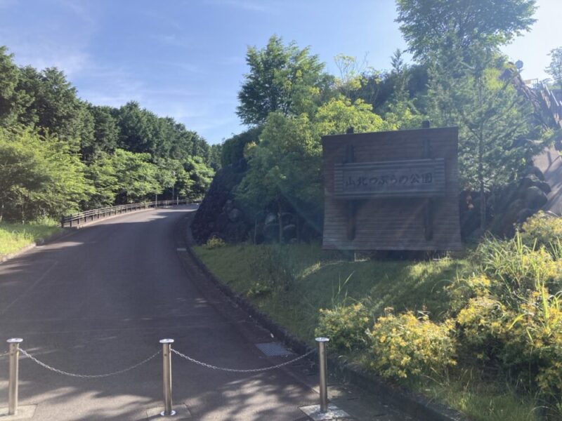 山北つぶらの公園入口にある木の看板と奥へ続く道