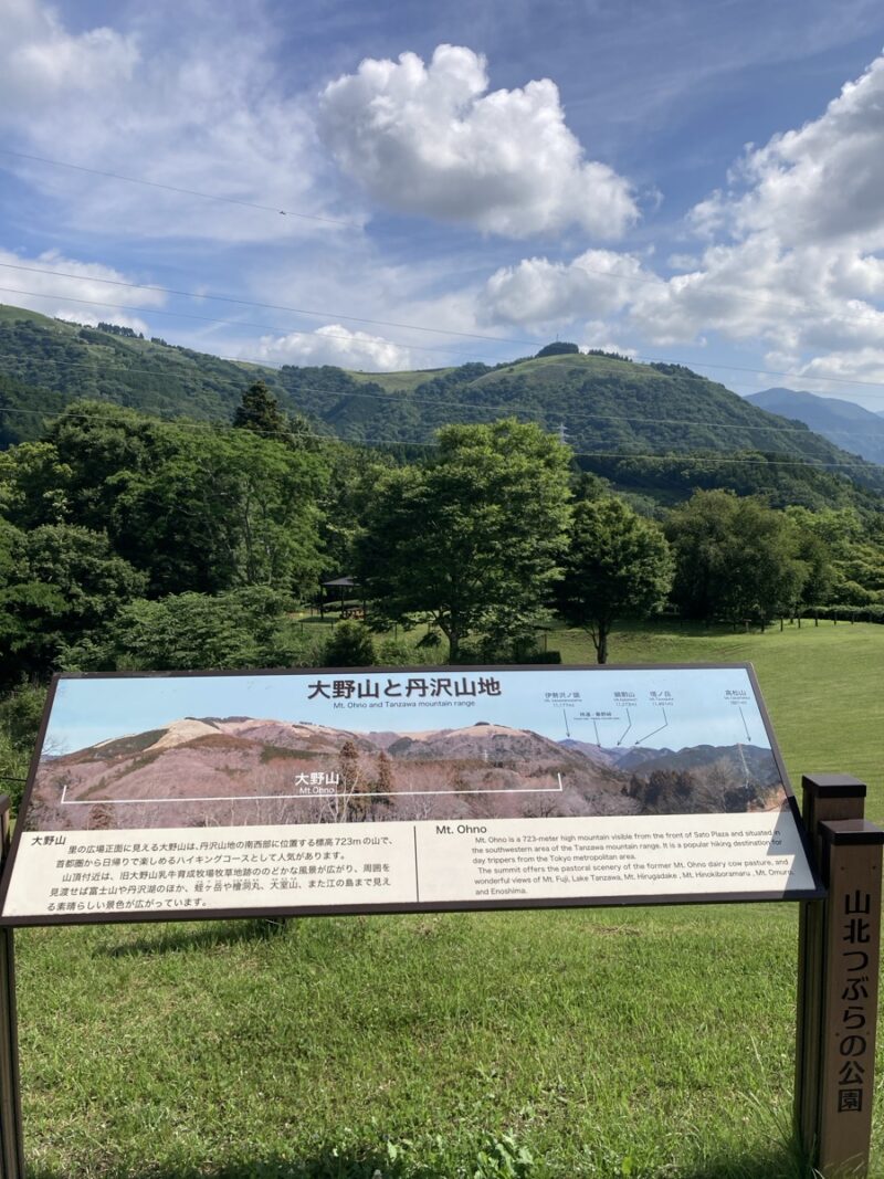 山北つぶらの公園にある大野山と丹沢山地の案内板と奥に広がる緑の山々