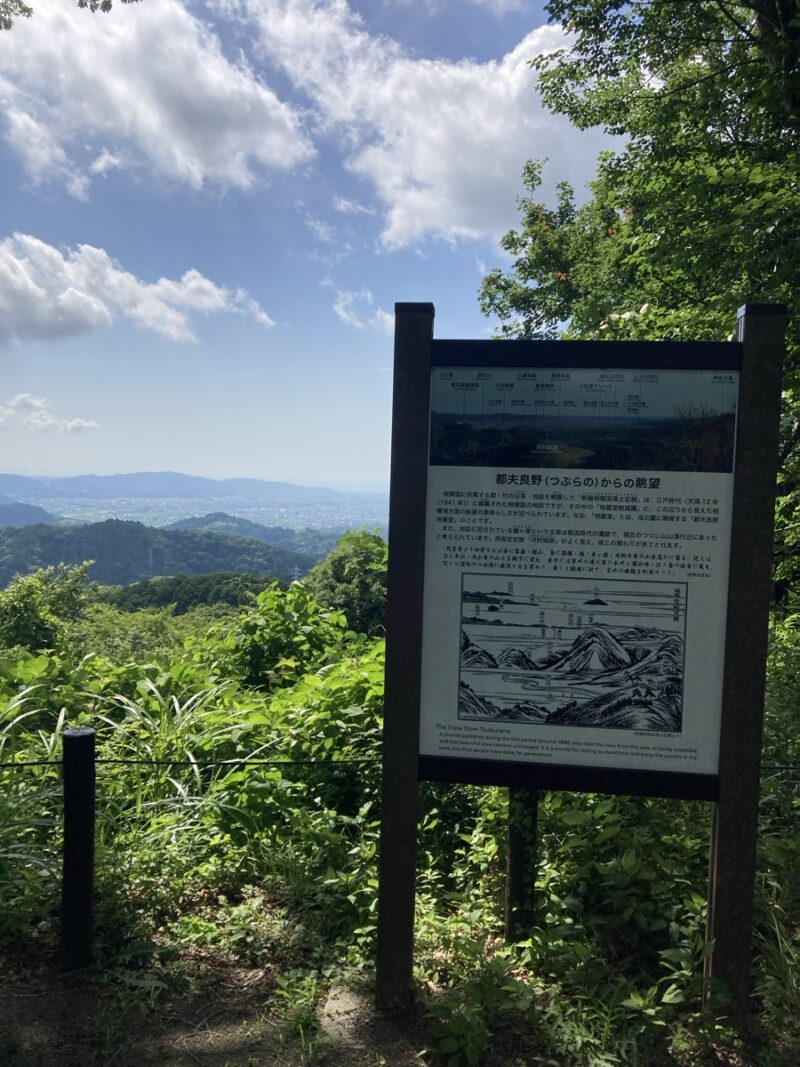 都夫良野の眺望を示す説明板と青空の下の山と街の風景