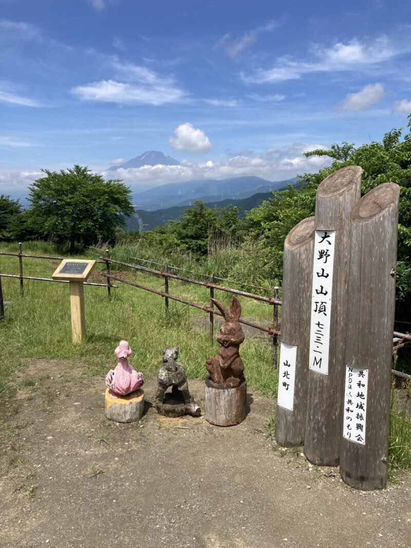 大野山頂の看板と動物の木彫り、遠くに富士山の見える景色