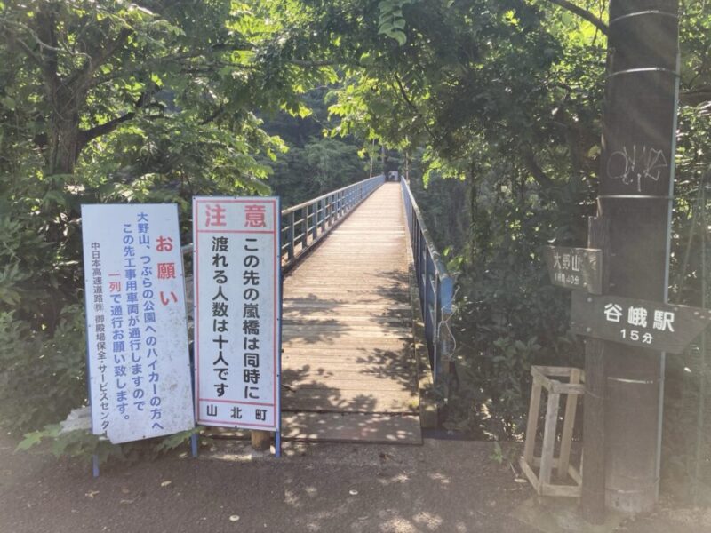 新緑の中の木製橋と案内標識