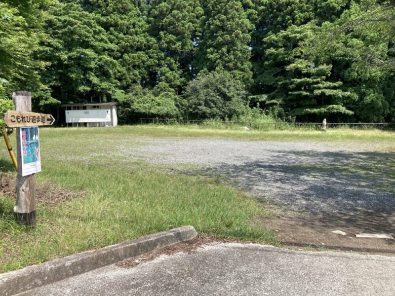 木製の看板に「こもれび遊歩道」と書かれた矢印がついている
