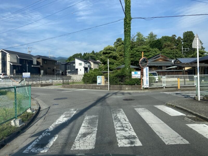 横断歩道と住宅街、そして緑の木々が見える明るい日の風景
