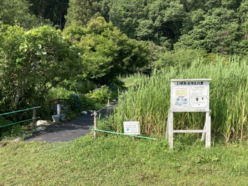 いがみホタルの里という看板がある自然の中の風景