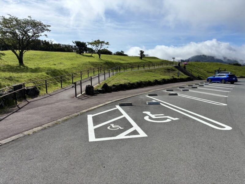 車椅子マークのある駐車スペースが並ぶ駐車場と緑の丘へ続く坂道