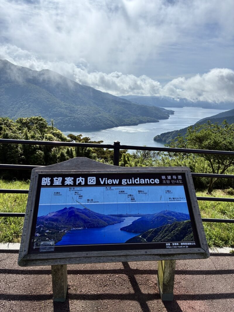 展望台から芦ノ湖と山々を見下ろす風景 手前には展望案内図がある