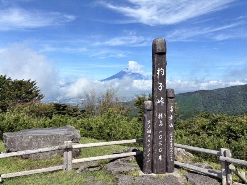 杓子峠の標識と雲に霞む富士山 芦ノ湖スカイラインの景色
