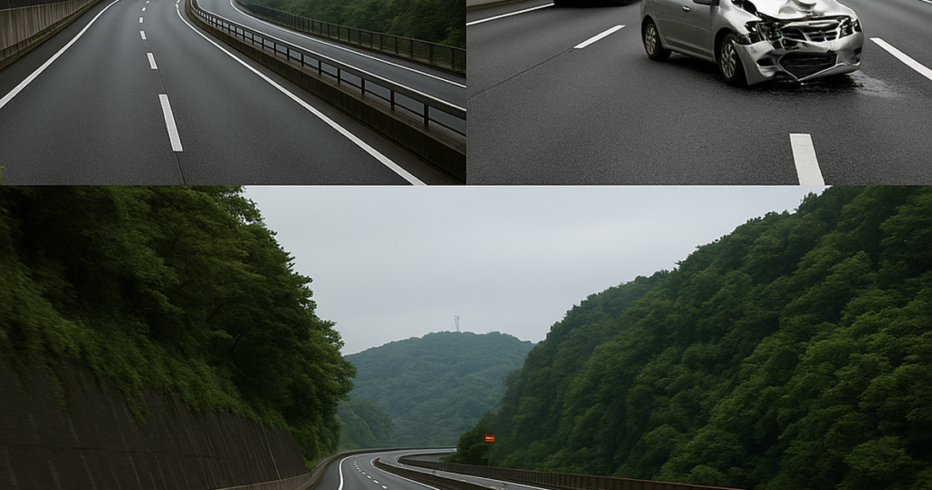 高速道路での車の事故と緑豊かな山の中を走る高速道路の様子