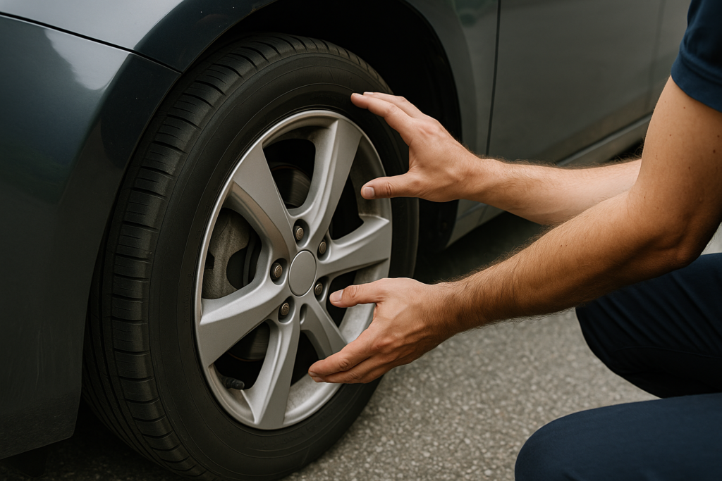 車のタイヤを両手で点検する人の腕