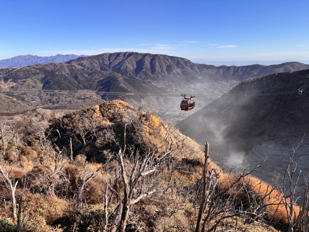 青空のもと山の斜面を赤いロープウェイが横切り谷底からは白い煙が立ち上る