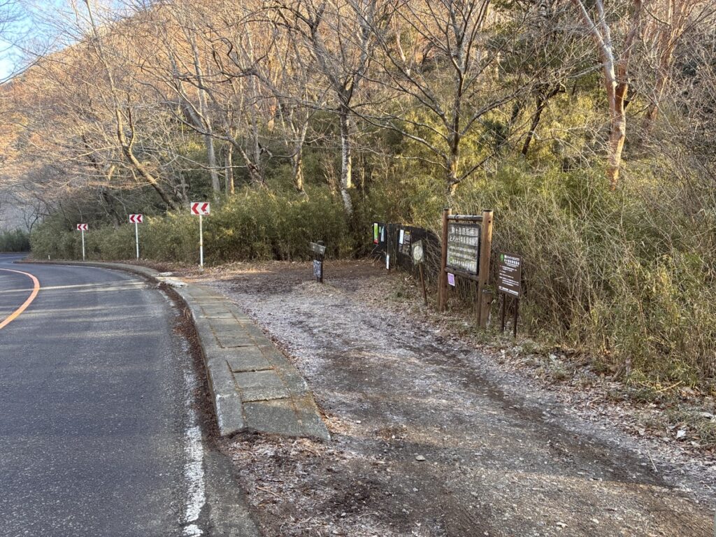 冬の山道に右カーブの標識と霜が降りた脇道の奥に案内板