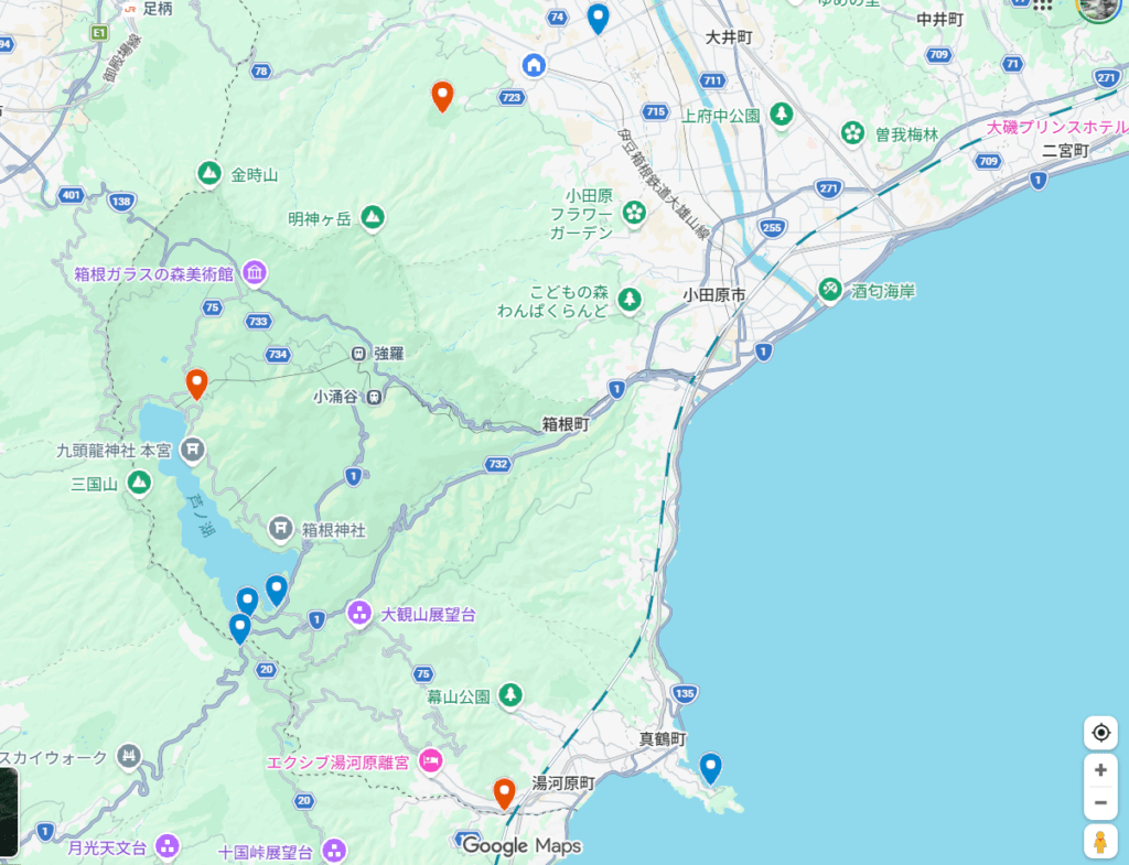 箱根と周辺エリア（小田原・真鶴・湯河原・南足柄）の車中泊スポット戦略的エリア分けマップ