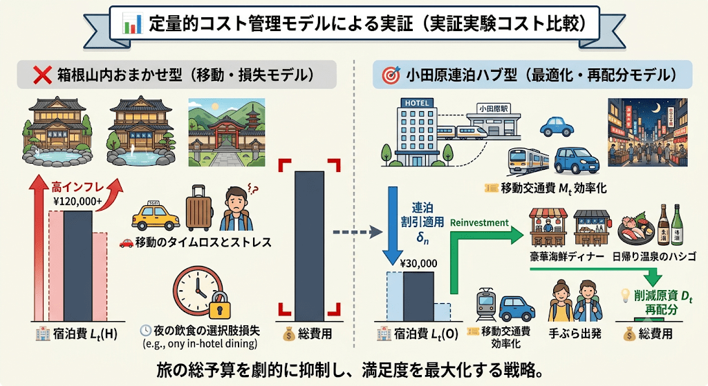 箱根山内連泊と小田原駅前連泊における宿泊費・交通費・体験費の差をシミュレーションしたコスト比較グラフ