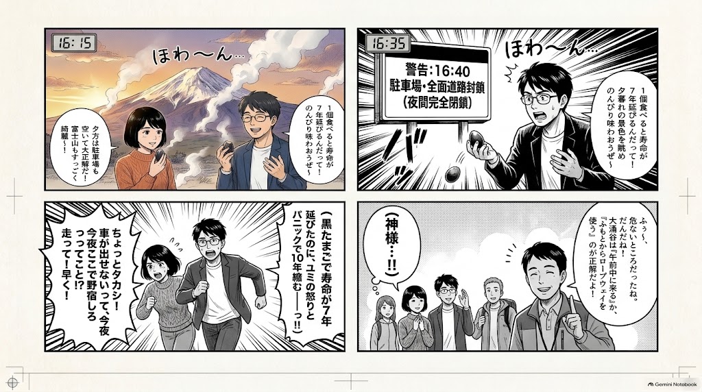 4コマ実録漫画 大涌谷の16:40門限パニック!車が出せなくなる危機