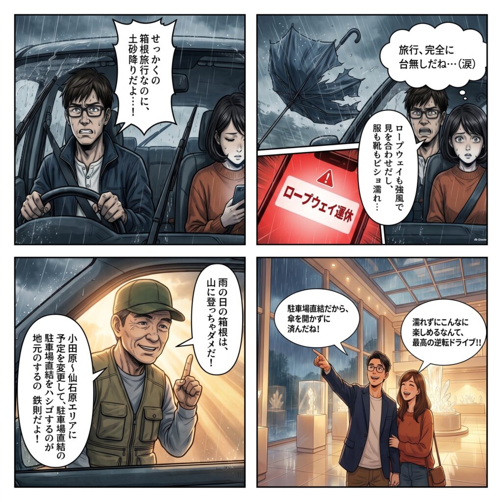 【雨の箱根】車で巡る濡れない観光!美術館・体験・温泉黄金ルート 4コマ漫画